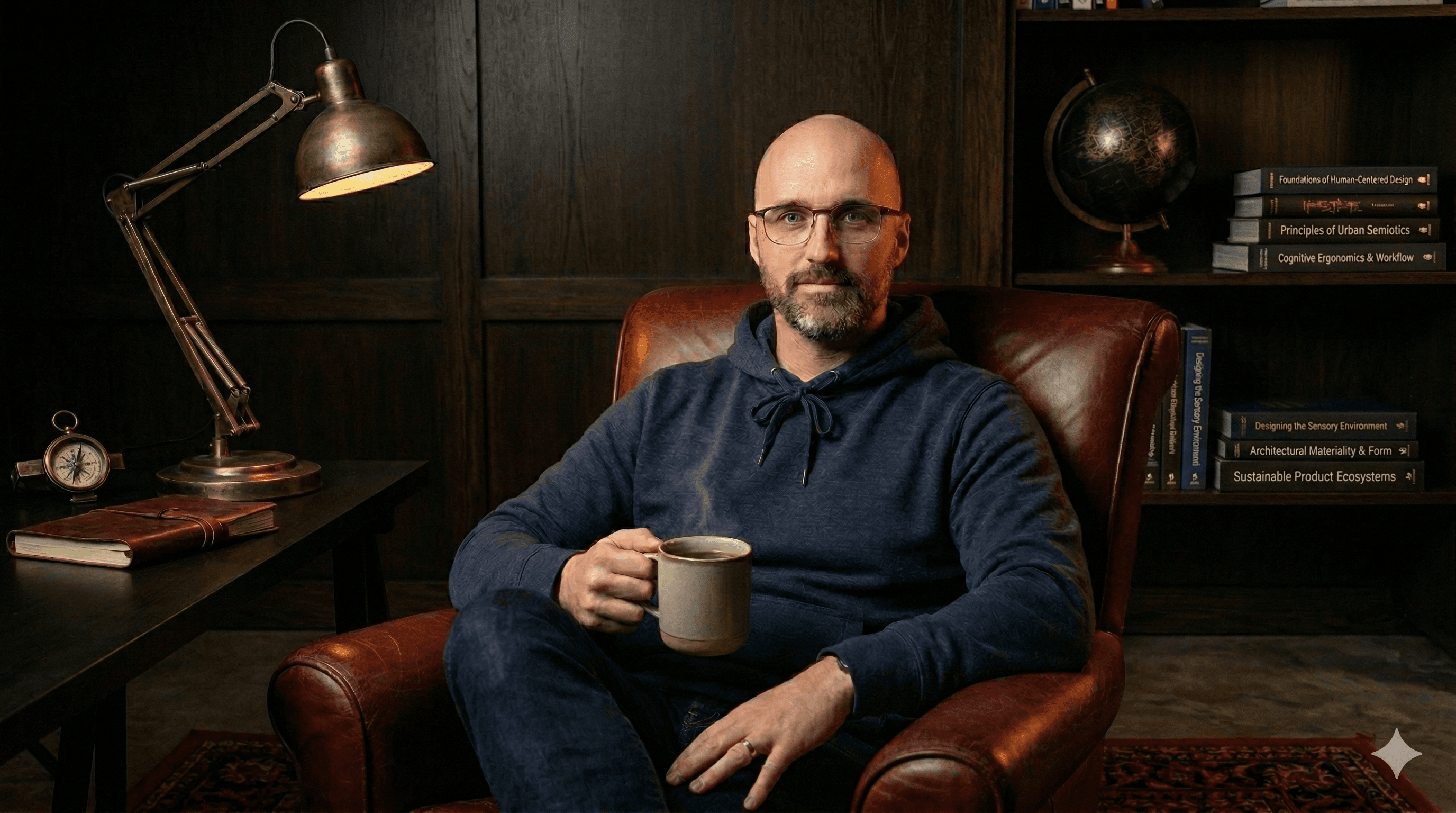 Nick Burd, UX and Product Designer, seated in a chair holding a coffee mug