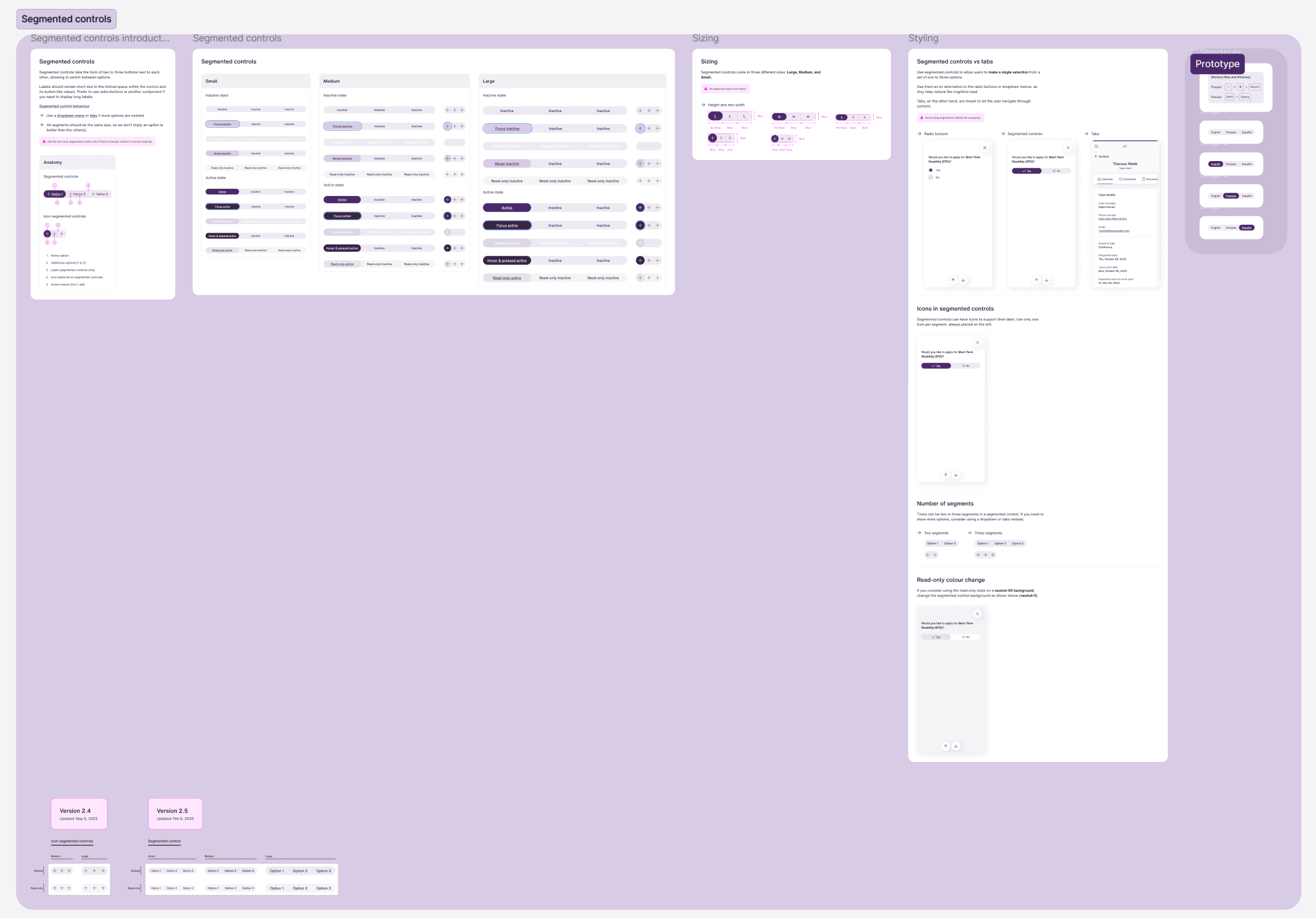 CDS design system segmented control components showing selected and unselected option states from the component library.