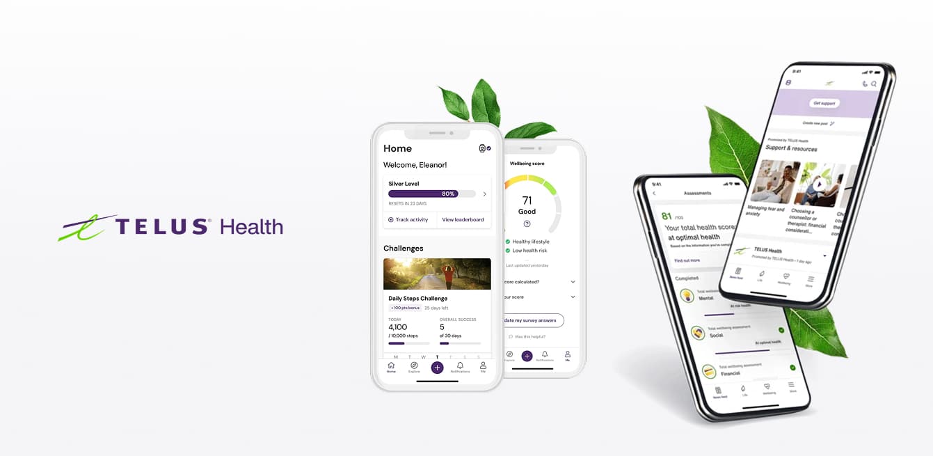 TELUS Health logo beside smartphones showing the TELUS Health app: a wellbeing dashboard, a wellbeing score, and health assessment screens.
